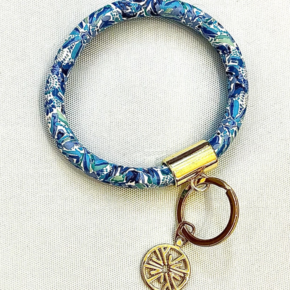 Lily Pulitzer Blue and Gold Patterned Round Key Chain - Picture 3 of 4